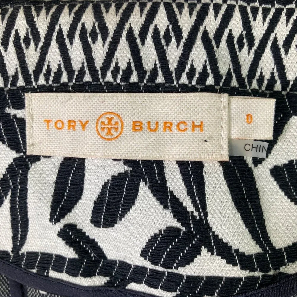 Womens Tory Burch Woven Cotton Floral Aztec Jacket Black Cream 0‎